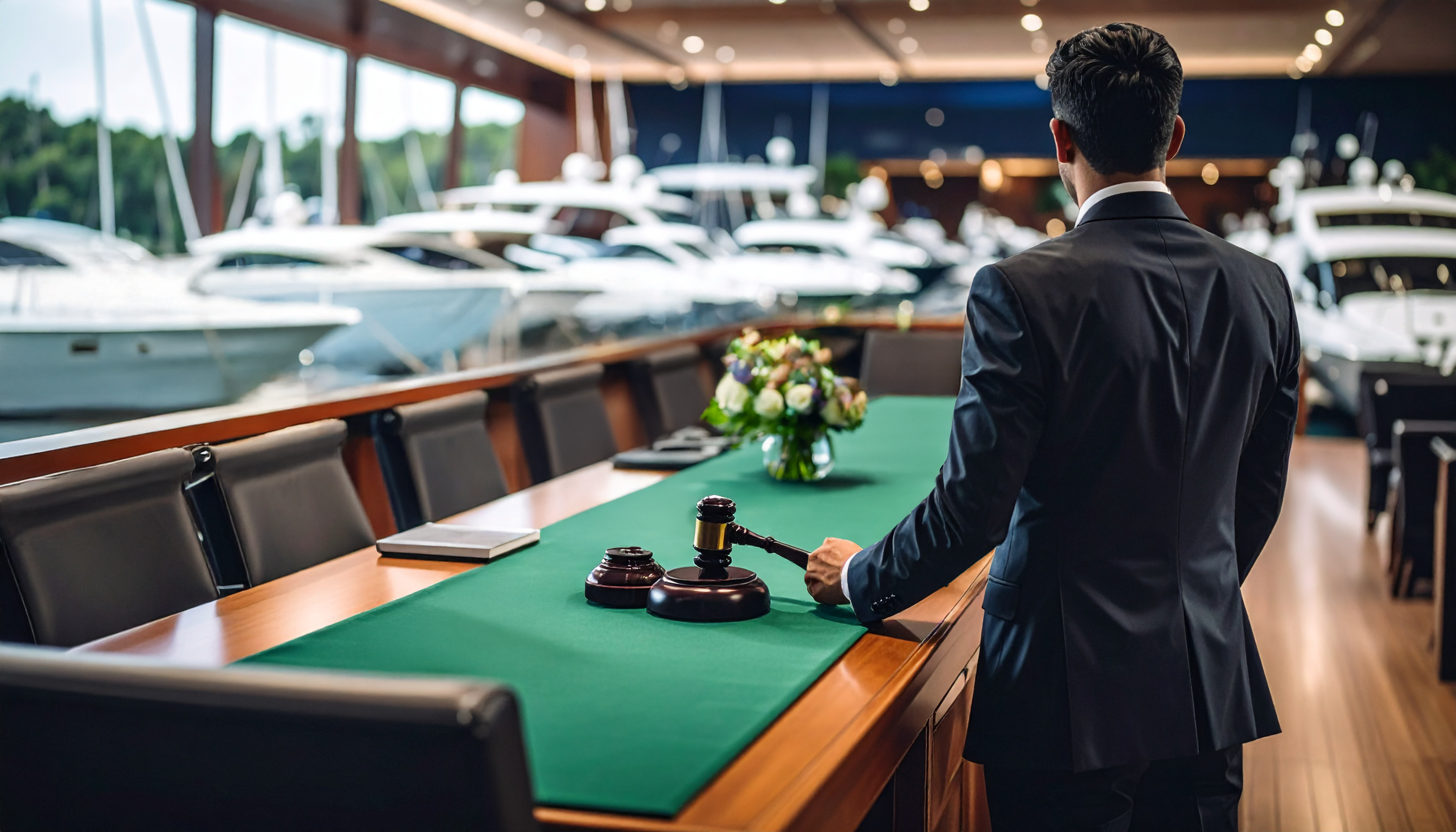 Boats in a hall with a table set with a green cloth, notary striking with auction gavel