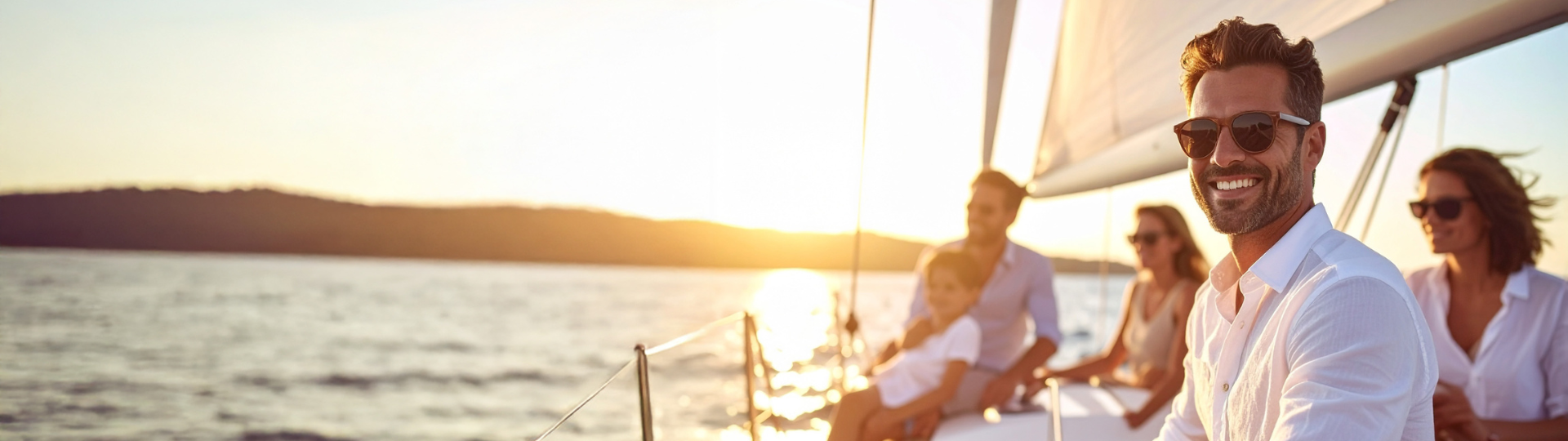 Vrolijke man aan boord met een gezin en vrouw met een gouden ondergaande zon op kabbelende Adriatische zee.